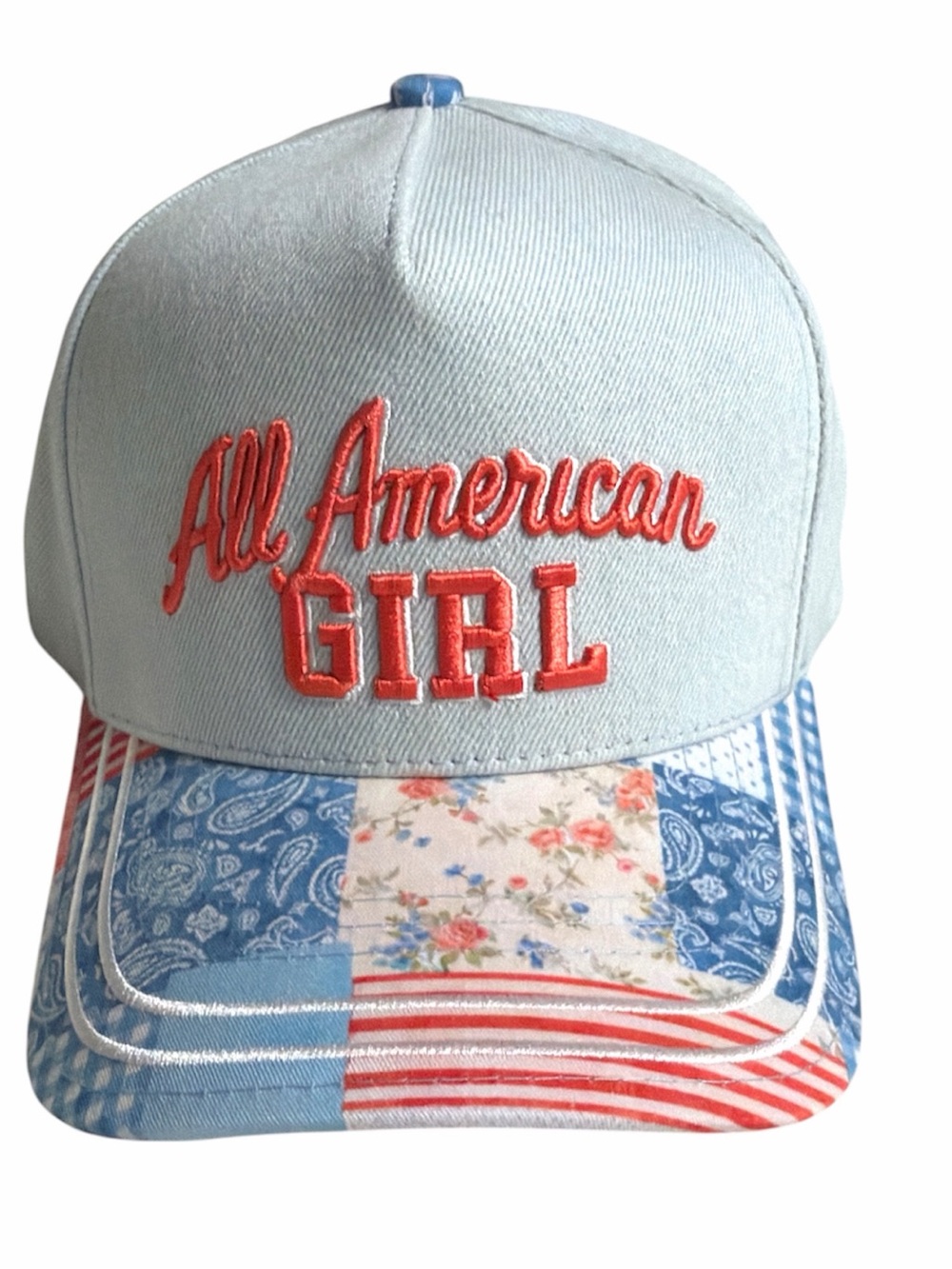 C.C Light Blue Cap with Red Embroidery and Patchwork Brim